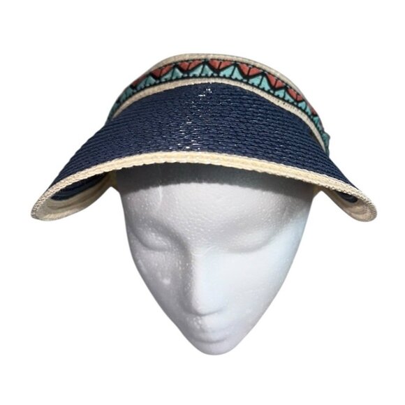 Lucky 7 Womens Straw Visor Navy Natural Embroidered Trim Southwest - Picture 1 of 7